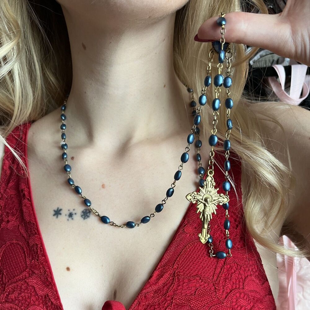 Blue & Gold Rosary Whimsigoth Catholic Romantic